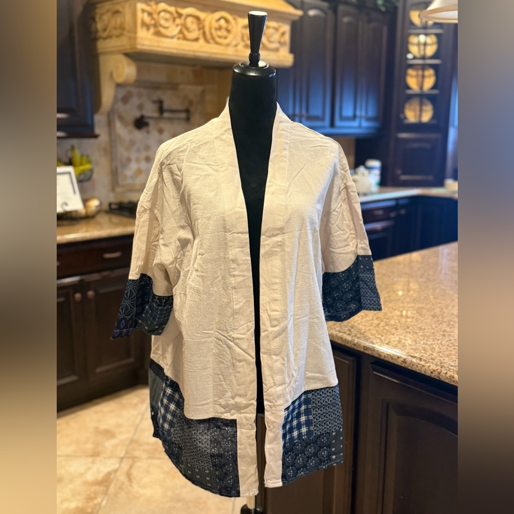Men's Beige and Blue Kimono Shirt